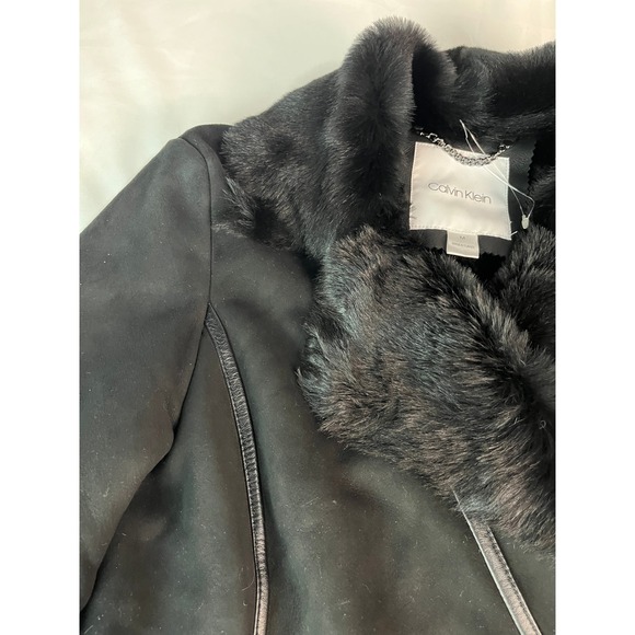 Calvin Klein Genuine Shearling Coat Black Fur Trim Medium - Picture 1 of 12